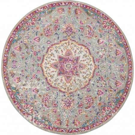 Homeroots 4 ft. Round Gray & Pink Medallion Area Rug 385520